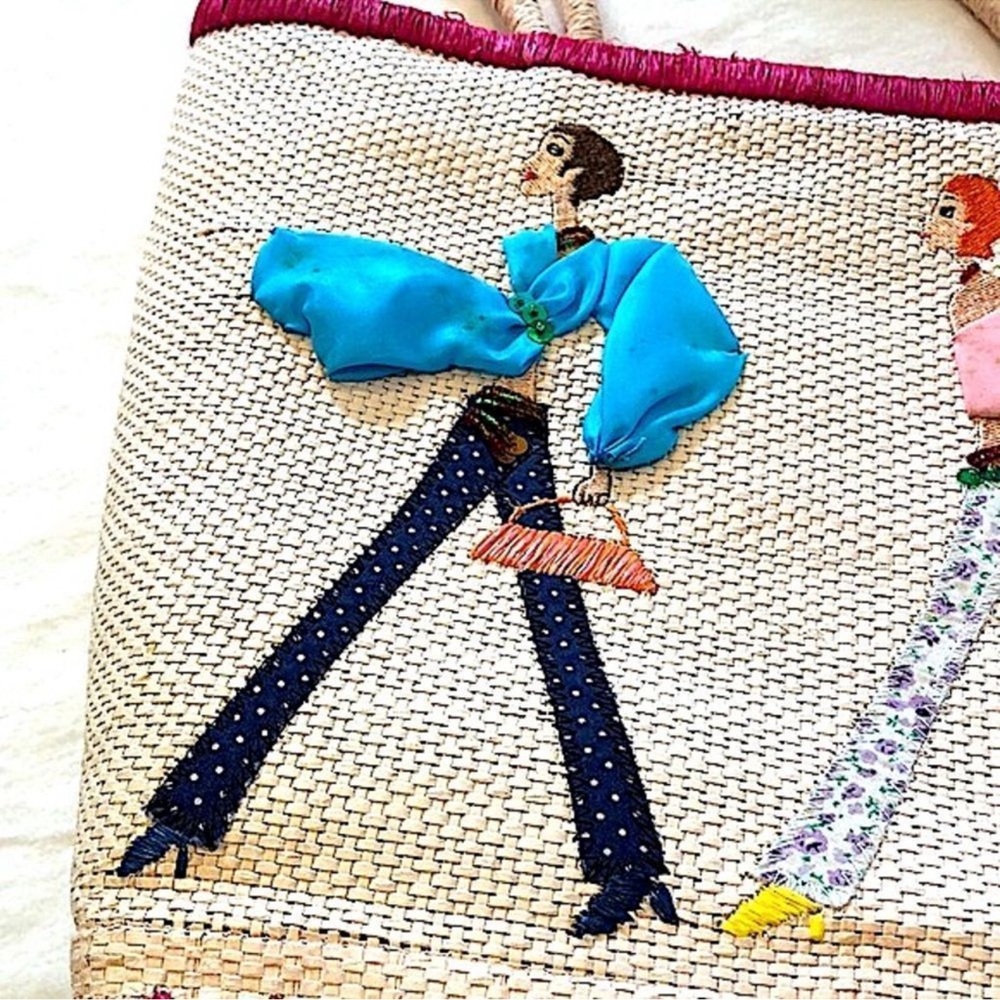 Vintage Fashionista Ladies Embellished Embroidered Appliqué Straw Bag - Picture 5 of 16